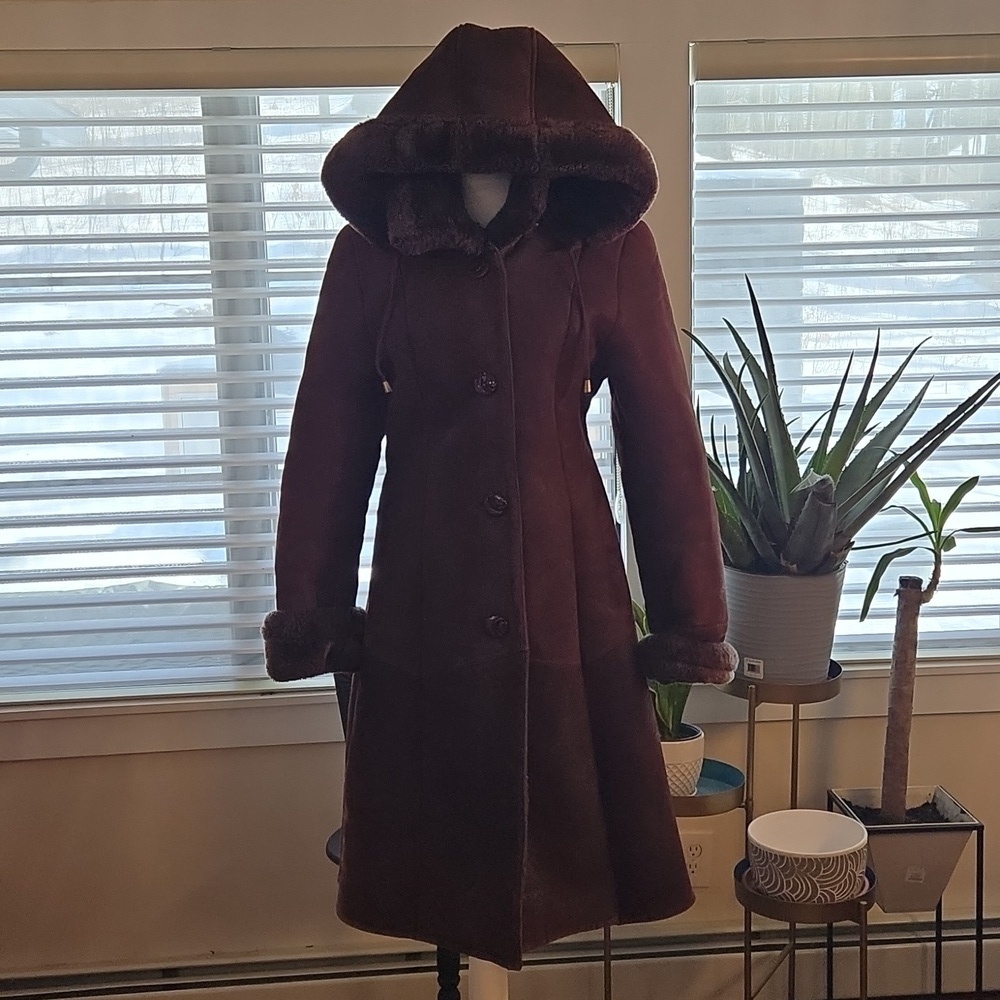 Suede Leather Hooded Shearling Coat Brown Burgundy Size Medium